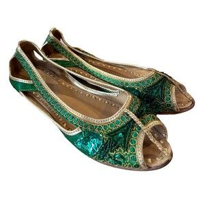 ZARA Size 37 NEW Gold Green Sequin Satin Ballet Flats Open Toe Strap Shoes India